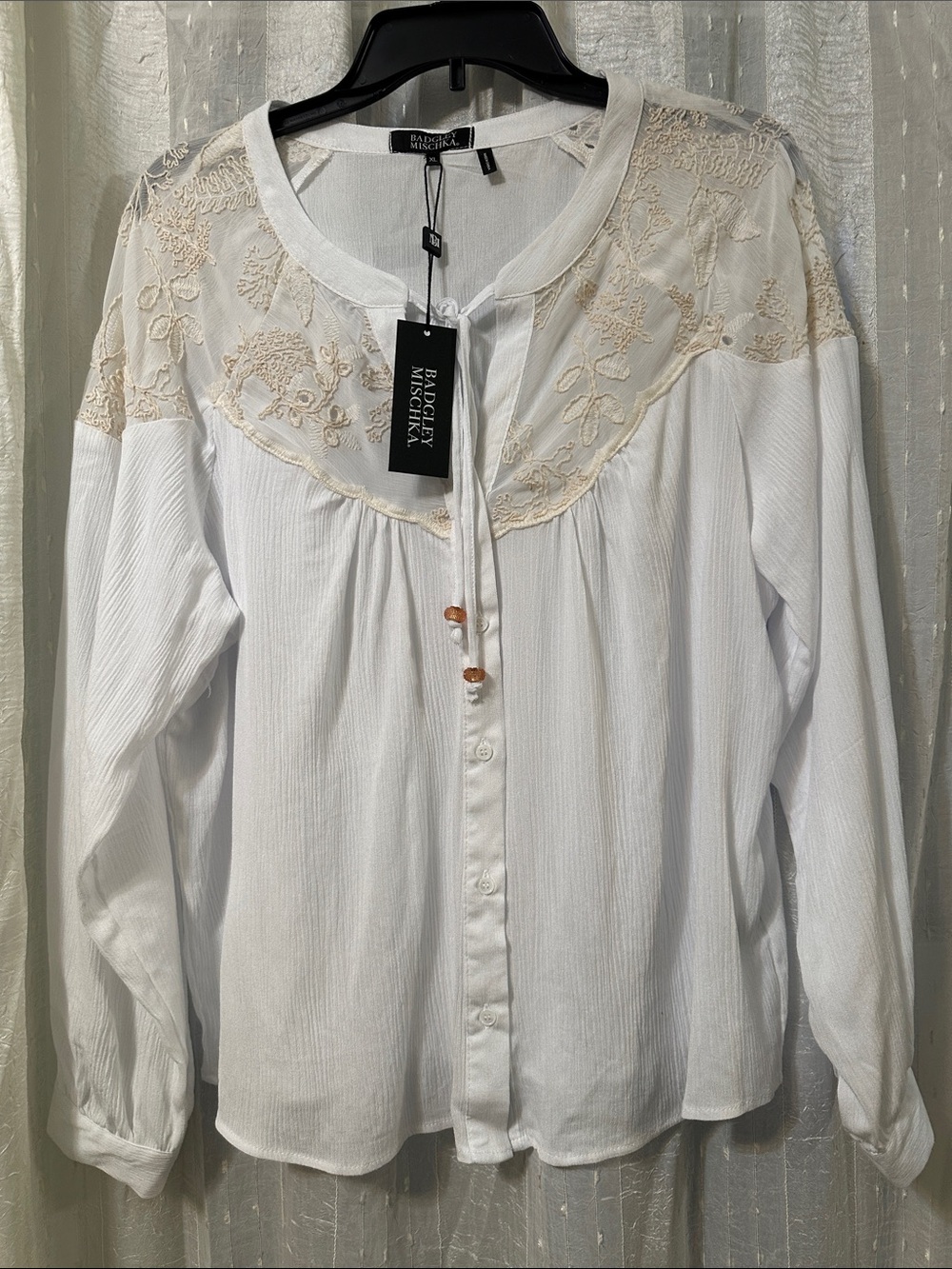 Badgley Mischka Ivory Embroidered Tie-Neck Blouse